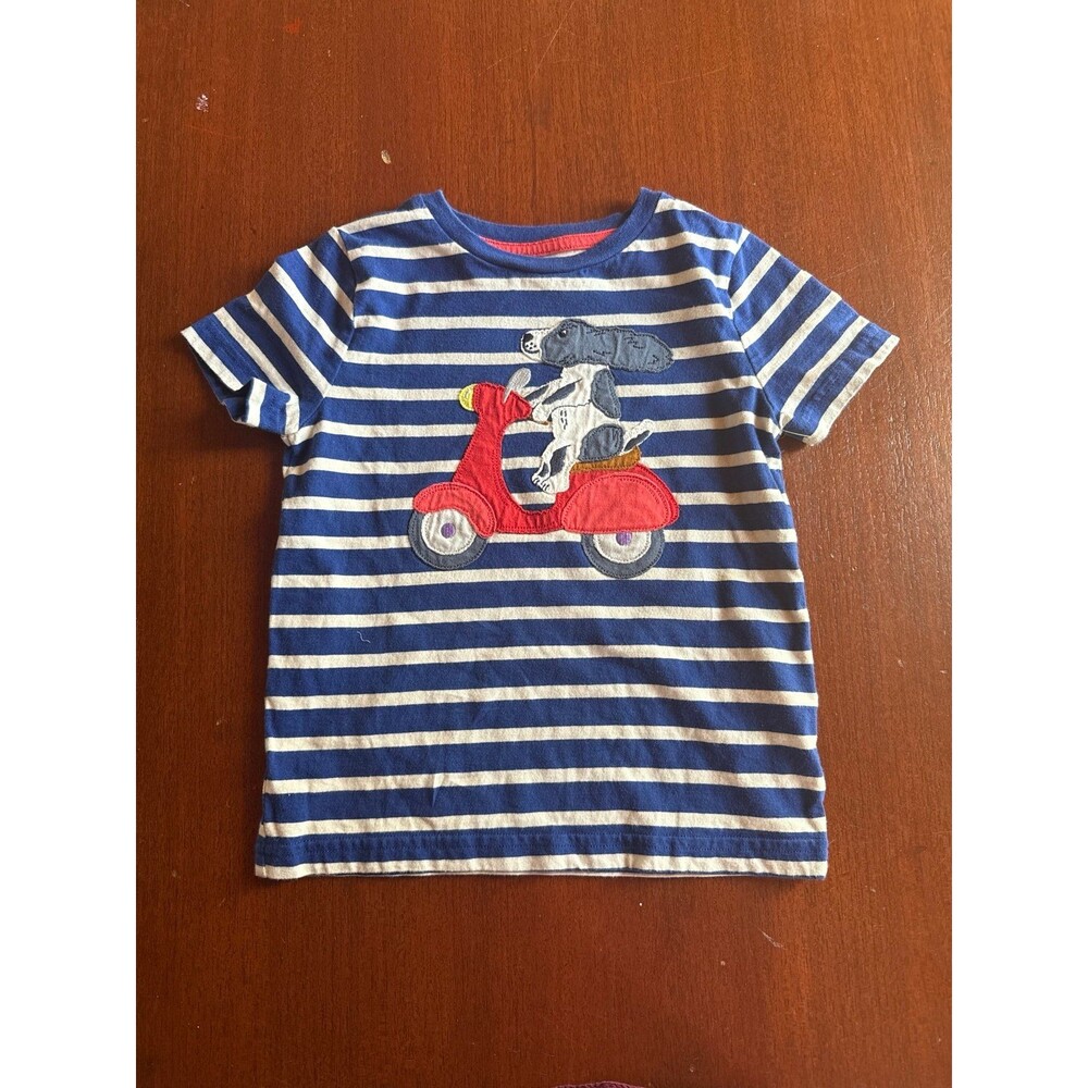 Mini Boden Boys Blue Striped T-Shirt with Dog on Scooter Graphic
